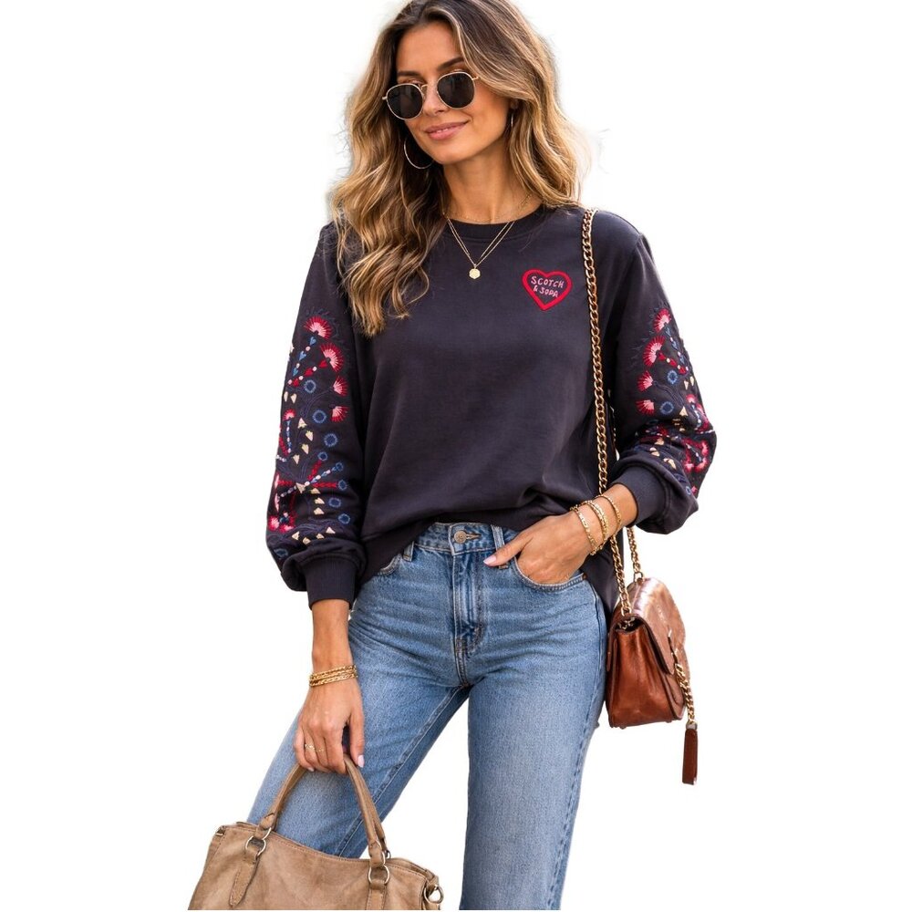 SCOTCH & SODA Embroidered Sleeves Crewneck Charcoal Sweatshirt Sz L NEW